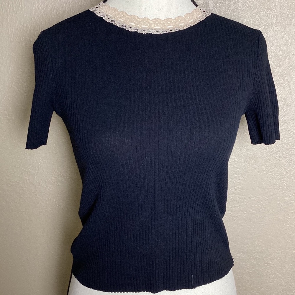 Zara Trafaluc Black Ribbed Knit Short Sleeve Baby Tee Lace Trim Crew Neck Small